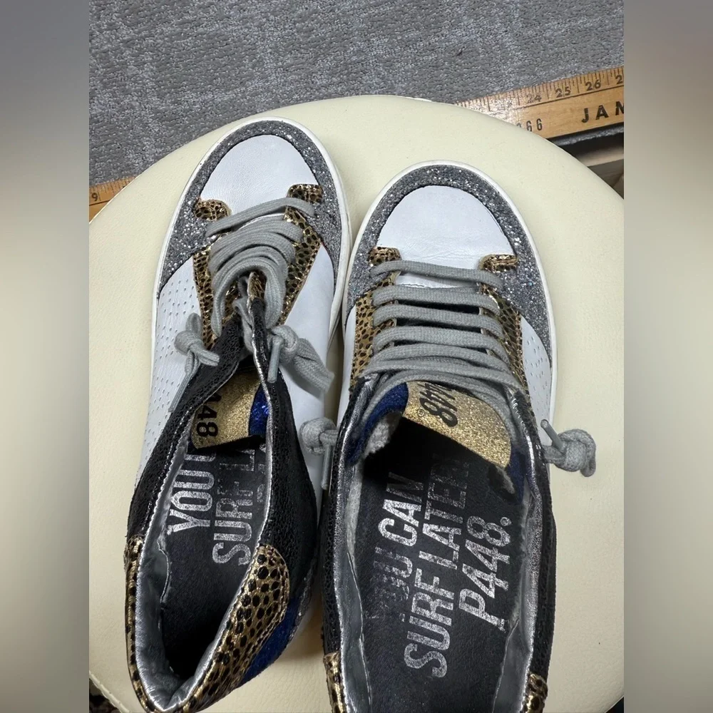 P448 John Sneaker Blue White Glitter Gold Leopard Shoe Womens Eu 37